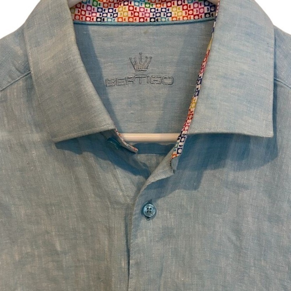 Bertigo Men's Long Sleeve Luxury Linen Dress Shirt XL Blue Contrast Cuffs Collar